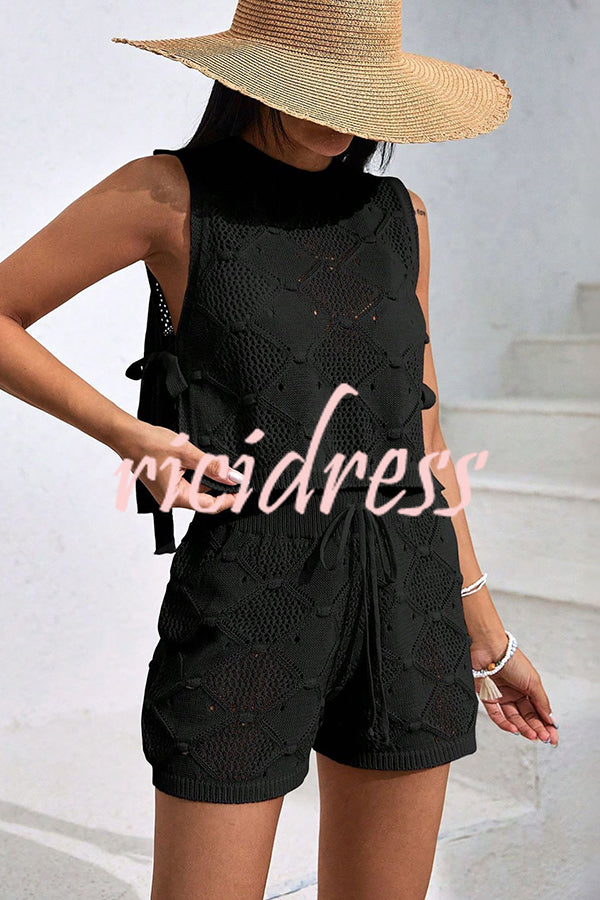 Solid Color Sleeveless Tie Knitted Vest and Loose Elastic Waist Drawstring Shorts Set