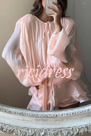 Ninah Glitter Fabric Pleated Balloon Sleeve Tiered Ruffle Hem Mini Dress