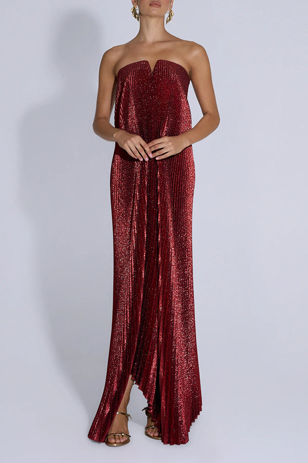 Party Time Pleated Metallic Fabric Off Shoulder Irregular Hem A-line Maxi Dress