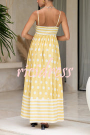 Striped Polka-dot Print Sling Pleated Open-back Maxi Dress