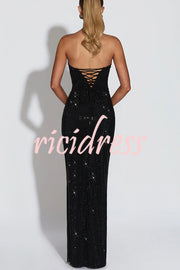 Mirabella Sequin Pleated Cowl Scooped Neckline Back Lace-up Strapless Maxi Dress