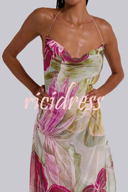 Floral Print Sexy Backless Slit See-Through Holiday Maxi Dress