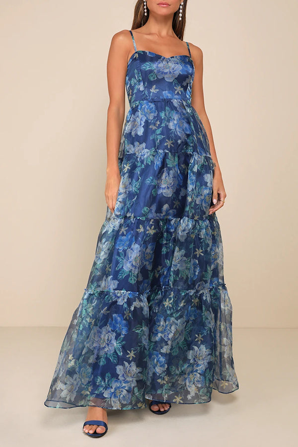 Exclusive Glamour Organza Floral Print Tiered Slip Maxi Dress