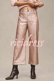 Colette Metallic Faux Leather Pocket Cropped Wide Leg Stretch Pants