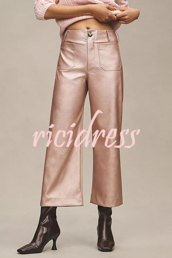 Colette Metallic Faux Leather Pocket Cropped Wide Leg Stretch Pants