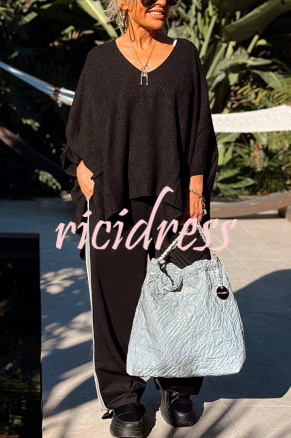 Fashion V-neck Loose Pocket Mid-length Knitted Sweater