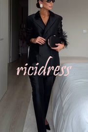 Chic Affair Satin Feather Trim Lapel Loose Blazer and High Rise Pocket Tapered Pants Set