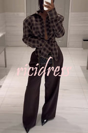 Vintage Plaid Shoulder Pad Buttons Long Sleeve Angled Hem Shirt