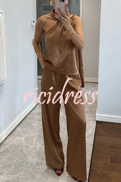 Kelson Satin Drape Neck One Shoulder Top and Elastic Waist Pocket Loose Pants Set