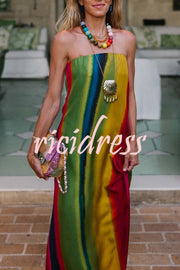 Artistic Rainbow Satin Watercolor Print Off Shoulder Pocketed H-line Maxi Dress