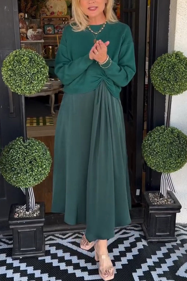 Practical Fashion Knit Ruched Sweater and Satin Stretch Tank Midi Dress Two-piece Set