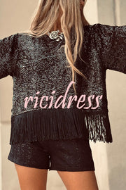 Full of Surprises Sequin Short Sleeve Tassle Trim Loose Top