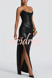 Alba Faux Leather Pleated Off Shoulder Neck Slit Stretch Maxi Dress