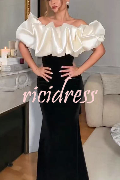 Cecily Velvet Off Shoulder Satin Structured Bardot Neck Stretch Maxi Dress