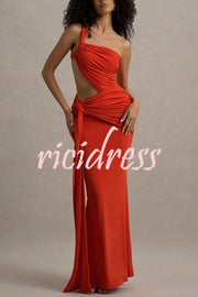Sexy One-shoulder Backless Ribbon Pleated Slim Maxi Dress