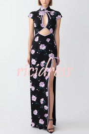 Lavender Flower Print Cutout Bow Details Thigh-high Slit Cheongsam Maxi Dress