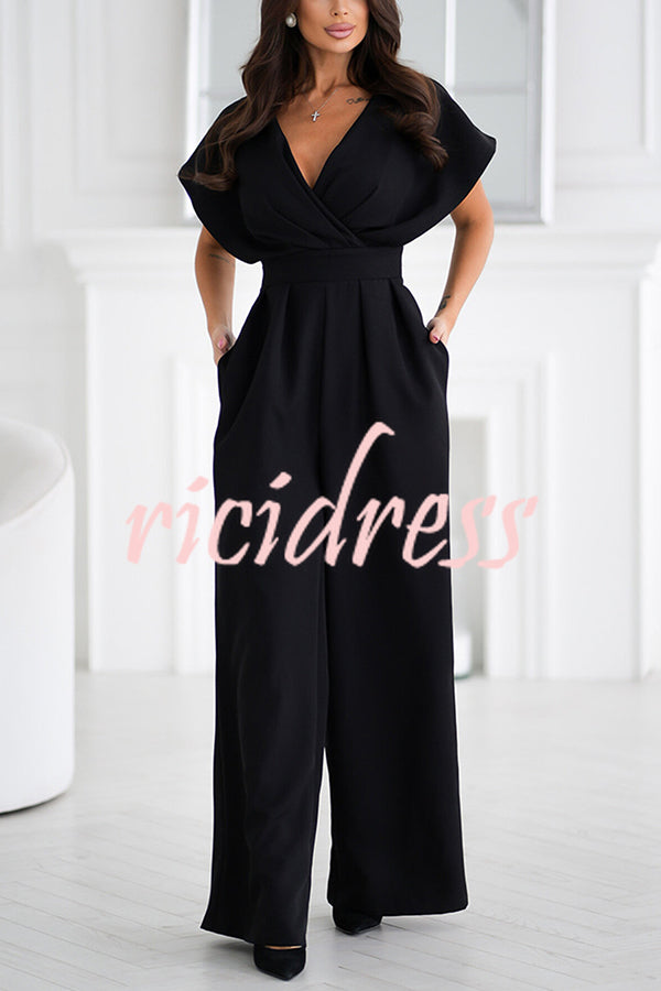 Solid Color V-neck Waist Casual Wide-leg Jumpsuit