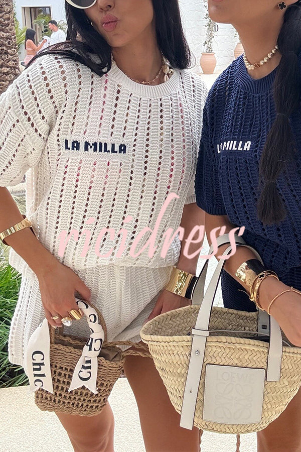 Fashionable Hollow Knit Short-sleeved Top and Elastic High-waist Casual Shorts Set