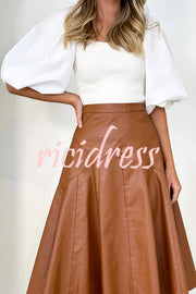 The Karina Faux Leather High Waist Swing Midi  Skirt