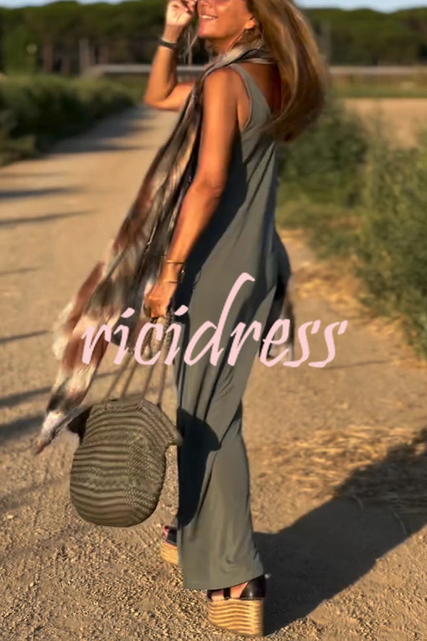 Solid Color V-neck Sleeveless Casual Loose Maxi Dress