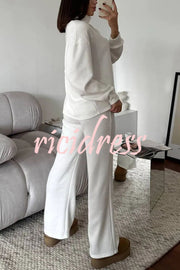 Solid Color Casual Knitted High Neck Long Sleeve Top and Elastic Waist Loose Pants Set