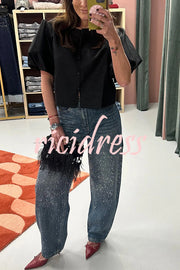 Fashionable Rhinestone Mid-rise Loose Pocket Straight Jeans