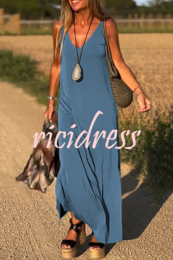 Solid Color V-neck Sleeveless Casual Loose Maxi Dress