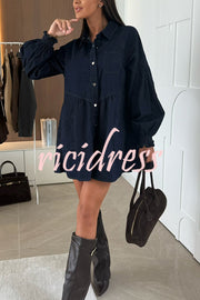 Fashion Heart Button Long Sleeve Casual Pocket Denim Mini Dress