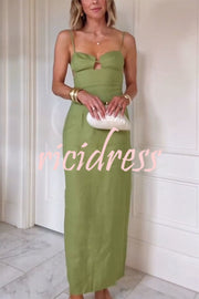 Sharyn Linen Blend Bodice Cutout Back Tie-up Slit Slip Maxi Dress