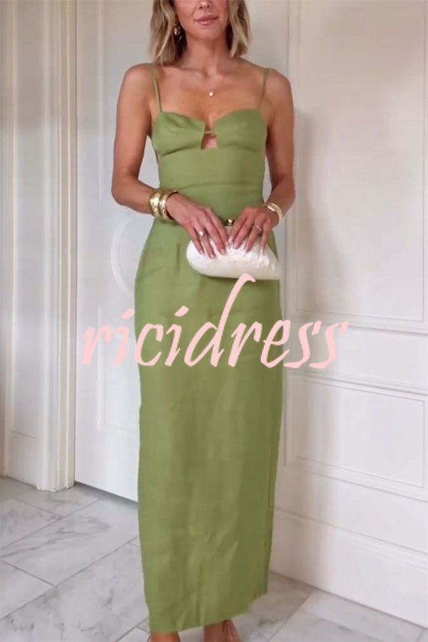 Sharyn Linen Blend Bodice Cutout Back Tie-up Slit Slip Maxi Dress