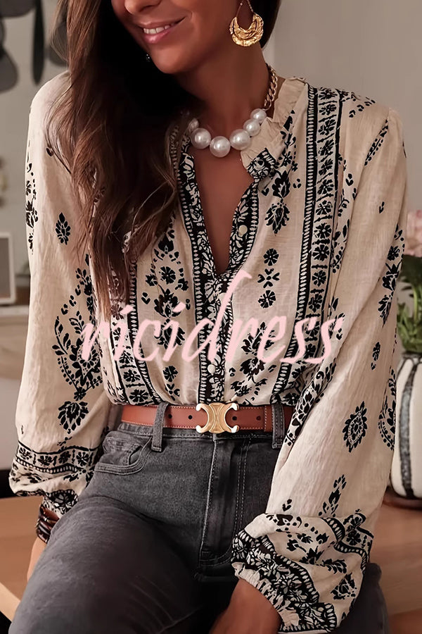 Unique Print Long-Sleeved Button-Up Elegant Shirt