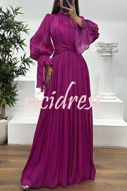 Ellah Shiny Fabric Chinese Stand Collar Twist Waist Balloon Sleeve Maxi Dress