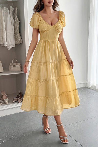 Solid Color V-neck Puff Sleeve Casual Holiday Style Midi Dress
