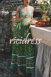 Yolanda Ric Rac Trims Unique Print Smocked Bust Back Lace-up Maxi Dress