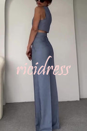 Crossover Slim Fit Sleeveless Vest and High Waisted Wide Leg Pants Set