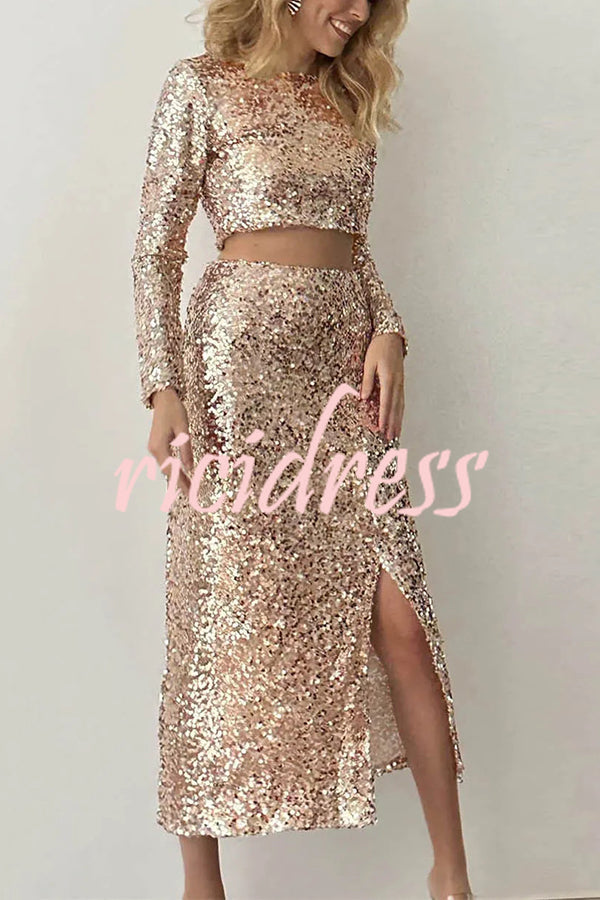 Solid Sequined Long-sleeved Crop Top and Sexy Slit Midi Skirt Set