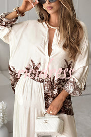 Botanical Print Loose Long-sleeved Shirt and Elastic Waist Pocket Casual Wide-leg Pants