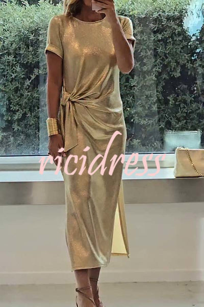 Full of Charming Glitter Fabric Short Sleeve Tie-up Waist Slit Midi Dress