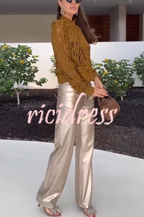 Palace Style Crochet Flower Lace Stand Neck Button Puff Sleeve Jacket