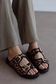 Leopard Print Double Button Women's Slippers