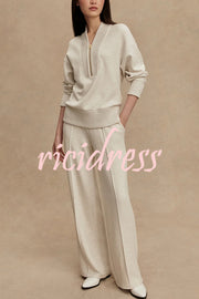 Meet The Autumn Ribbed Zipper Neck Sweatshirt and Elastic Waist Pocketed Loose Pants Set