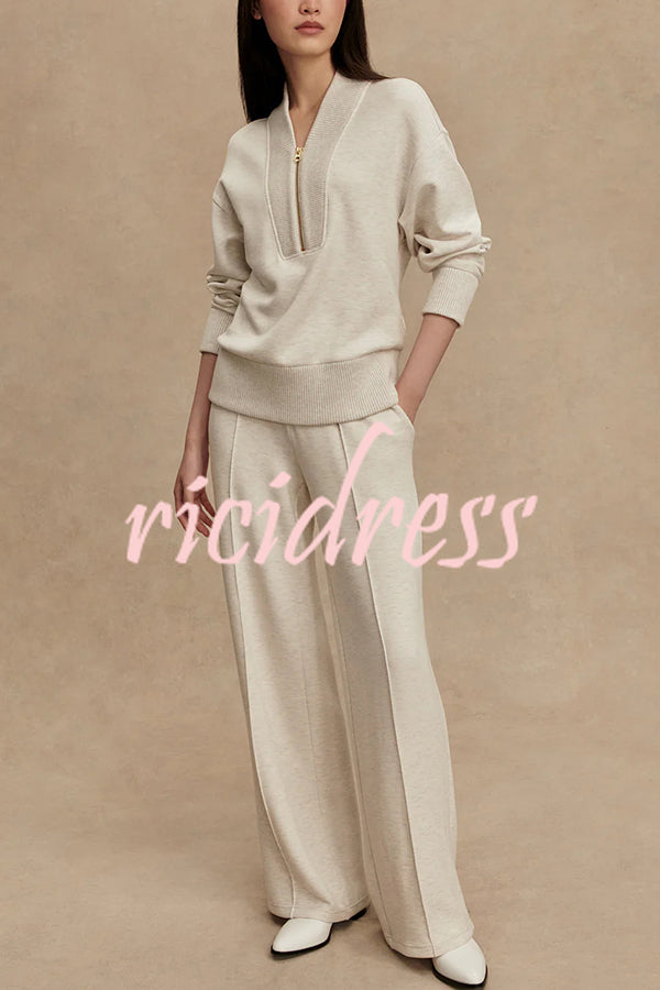 Meet The Autumn Ribbed Zipper Neck Sweatshirt and Elastic Waist Pocketed Loose Pants Set