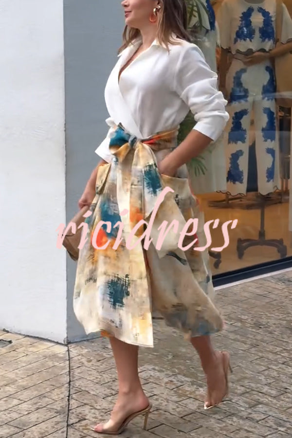 Jiles Linen Blend Unique Contrast Print Long Sleeve Tie-up Pocket Shirt Midi Dress