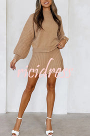 Solid Color Round Neck Puff Sleeve Loose Knit Sweater and Casual Striped Mini Skirt Set