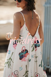 Summer Fashion Unique Print Round Neck Suspender Backless Midi Dress
