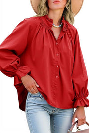 Solid Color V-neck Ruffled Lantern Sleeve Loose Casual Shirt