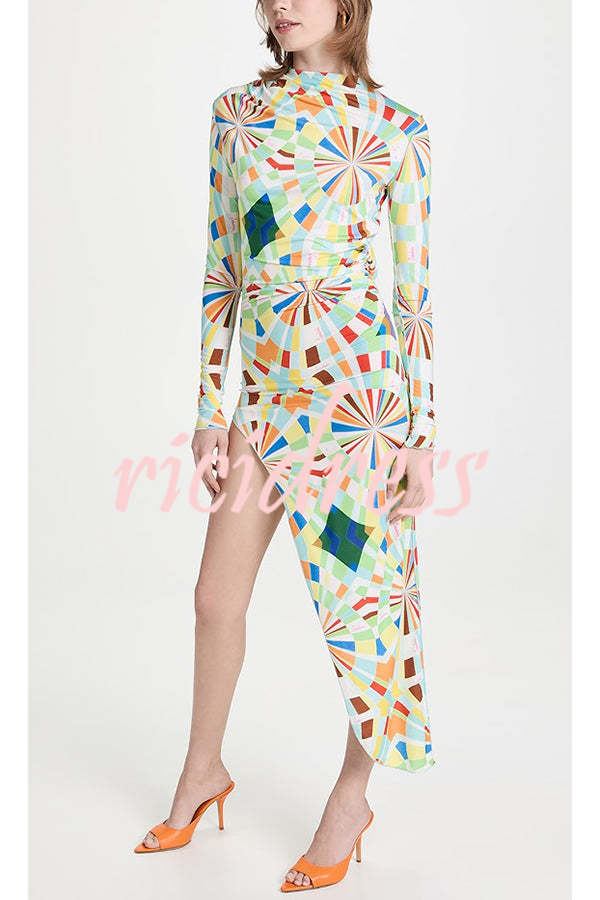 Colorful Season Printed Mock Neck Open Back Asymmetric Hem Stretch Midi Dress