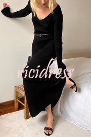 Solid Color V-neck Long-sleeved Slim-fit Elegant Knit Maxi Dress