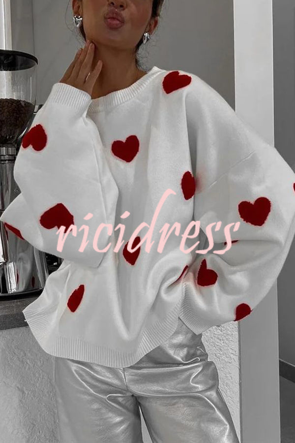 Fashionable Embroidered Love Loose Round Neck Long Sleeve Knitted Sweater