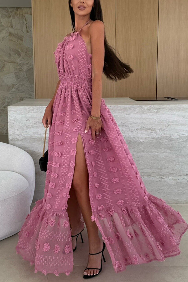 Gloria Embroidery Flowers Elastic Waist Halter Backless Slit Maxi Dress